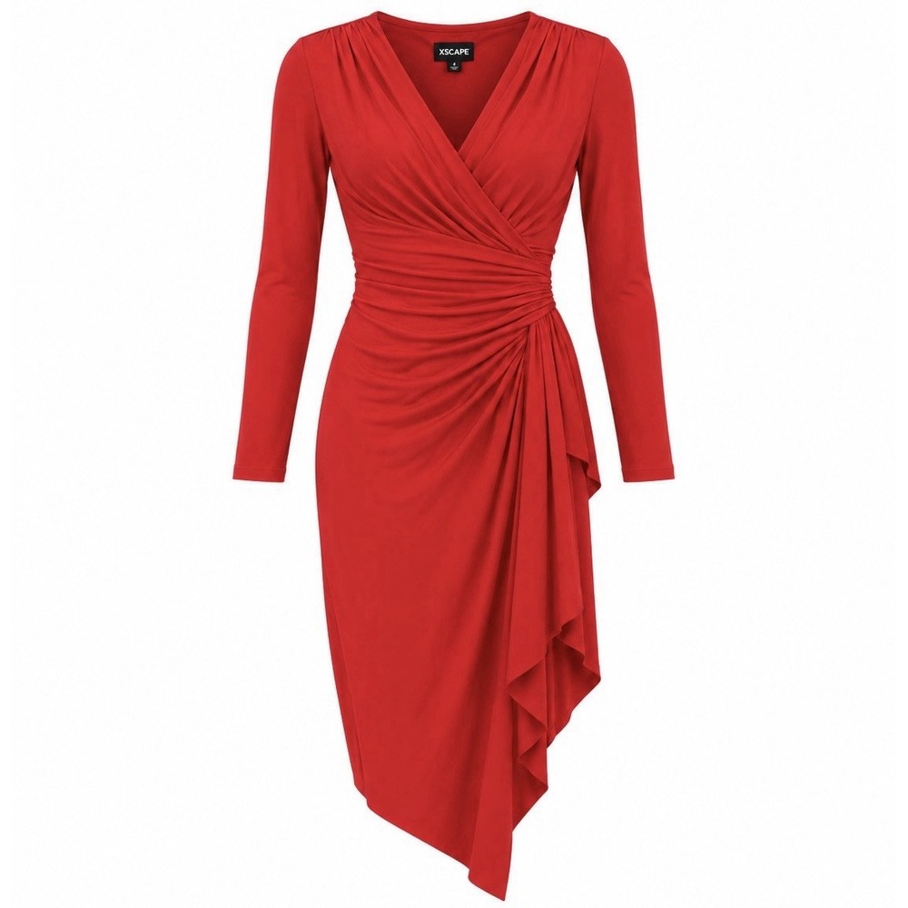 XSCAPE Dress Women's 4 Red Ruched Wrap Asymmetrical Hem Long Sleeve Made USA EUC